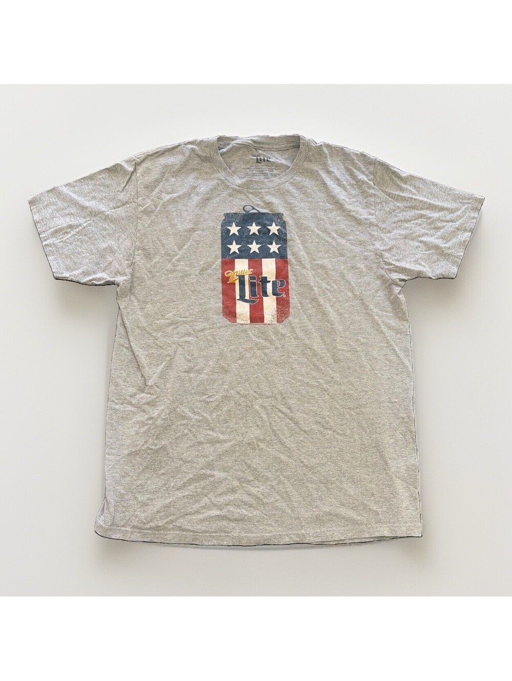 Miller Lite Size Large Beer Unisex Graphic T Shirt Gray Patriotic Short Sleeve